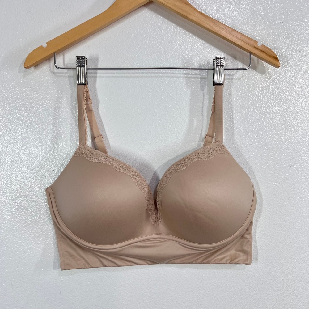 DOBREVA T-Shirt Bra Womens 40C Beige Lace Trim Padded Seamless Everyday Lingerie